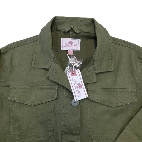 1 Sunset Lane Olive Green Utility Jacket Women's Small Button Front Cotton NWT - Picture 3 of 9